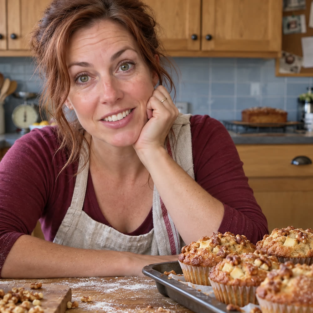 Kate at her kitchen table with a tray of apple-walnut muffins