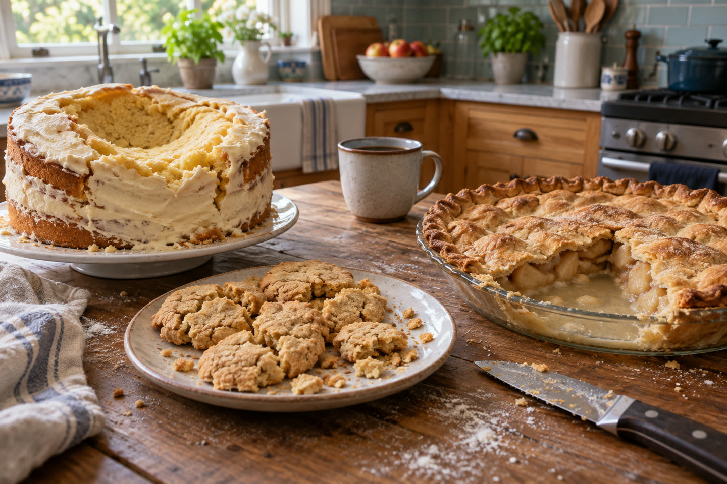 A cake with a sunken center, dry crumbly cookies and an apple pie with a soggy bottom on a kitchen table