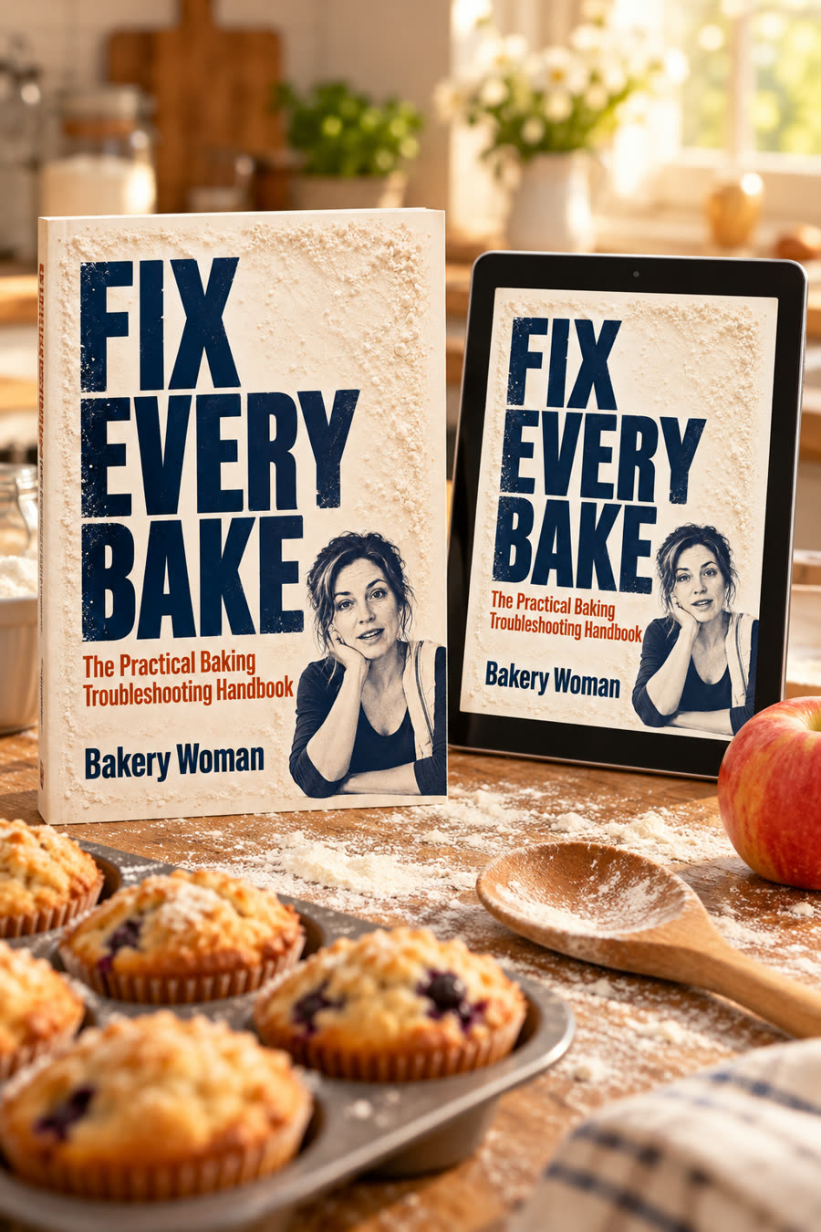 Fix Every Bake book and tablet on a floury kitchen table with muffins