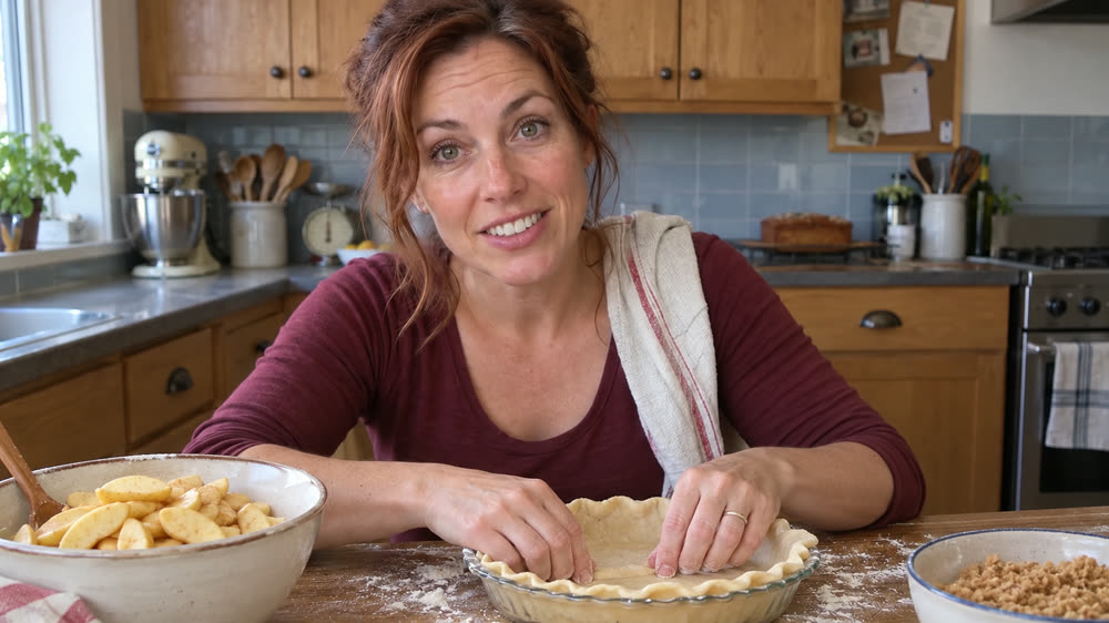 Kate pressing apple pie dough into the dish by hand