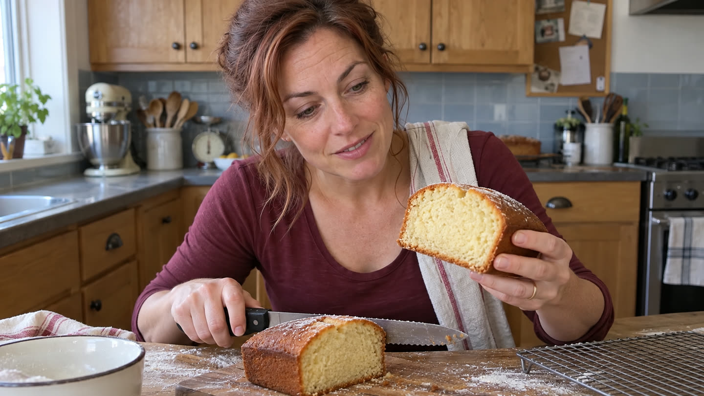 Kate cutting a loaf cake in half to read the crumb